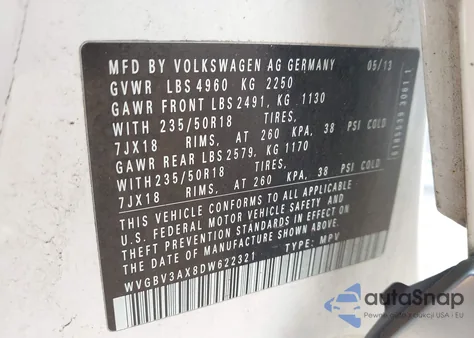 2013 Volkswagen Tiguan Se z USA, uszkodzony, nr VIN WVGBV3AX8DW622321